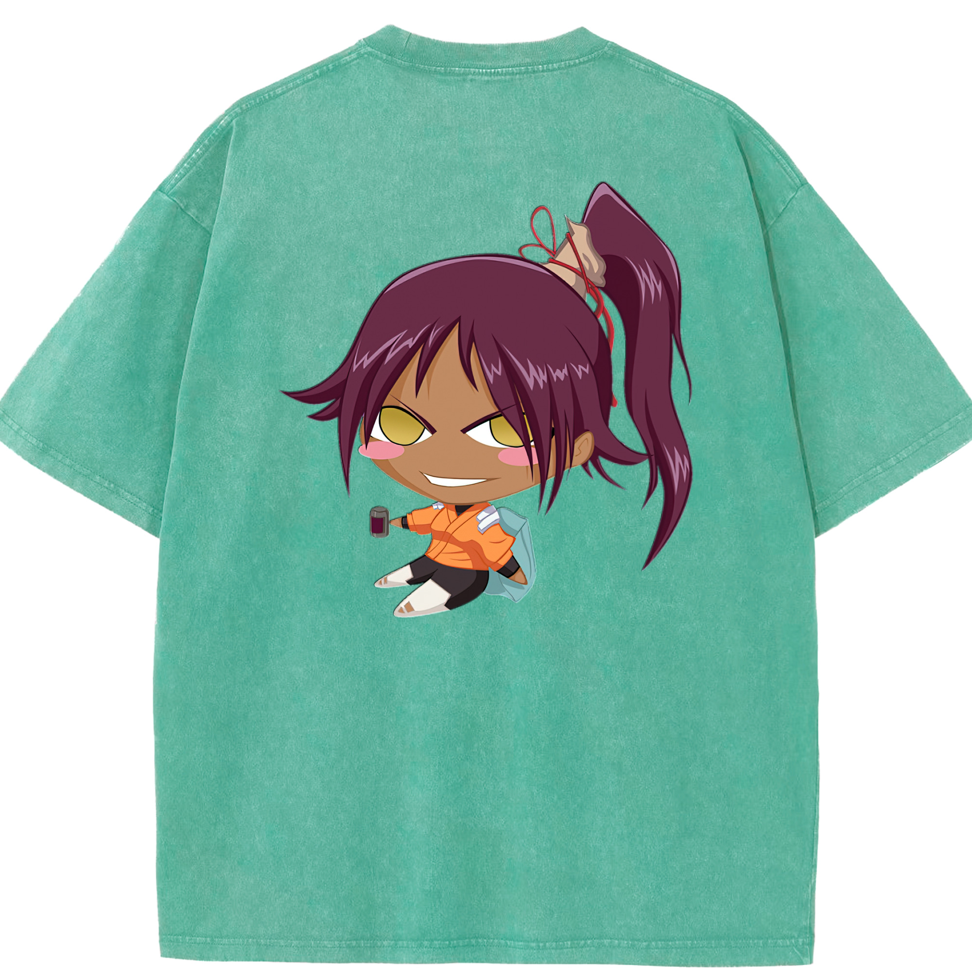 （画像用） ブリーチ 四楓院 夜一（しほういん よるいち） BLEACH Shihouin Yoruichi 綿100% ヴィンテージ風 半袖Tシャツ（背面プリント）